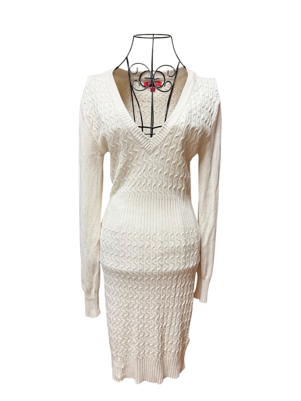 Guess Cream Cable Knit V-Neck Sweater Dress Small